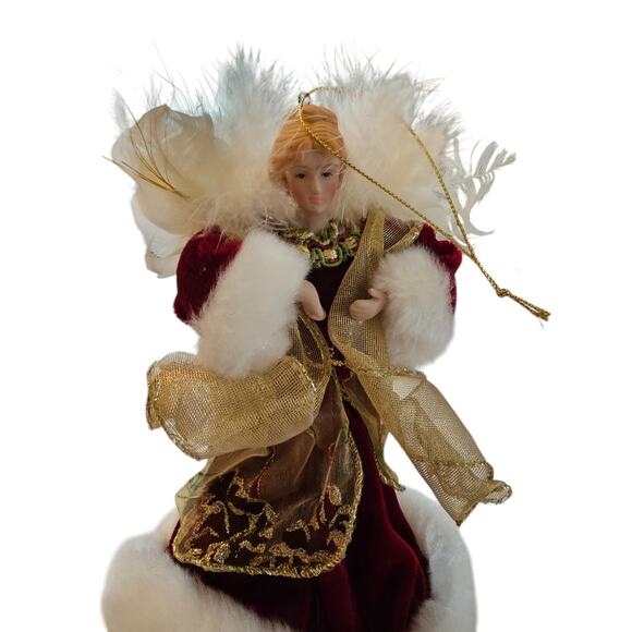 Christmas Angel Tree Topper 12" Tall Red White Porcelain Accents - Picture 2 of 6